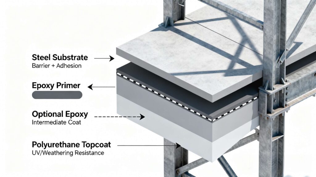 Epoxy primer polyurethane topcoat system for outdoor steel structures
