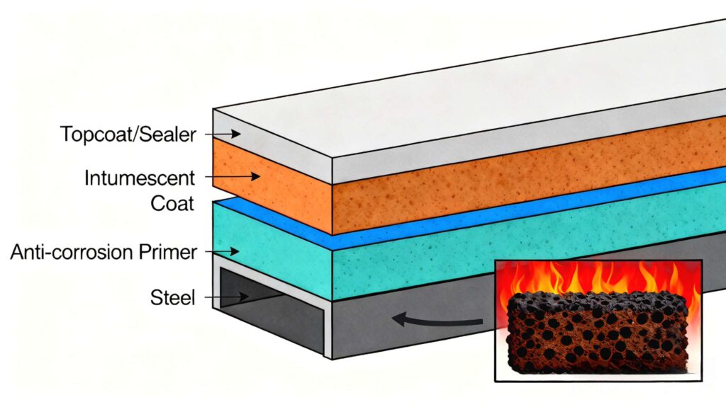 Intumescent fireproof coating system over anti-corrosion primer with topcoat]