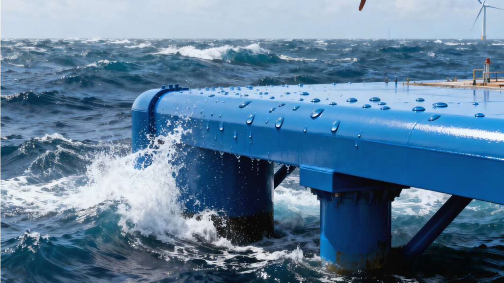 A wide-angle shot of a newly coated offshore structure, such as a platform or bridge pier, standing in rough seas. The complete multi-layer coating system (zinc-rich primer/epoxy/polyurethane) on the steel appears flawless and glossy. Water droplets bead up and roll off the surface, demonstrating excellent hydrophobic and anti-fouling properties, showcasing its long-term durability against the harsh marine environment.