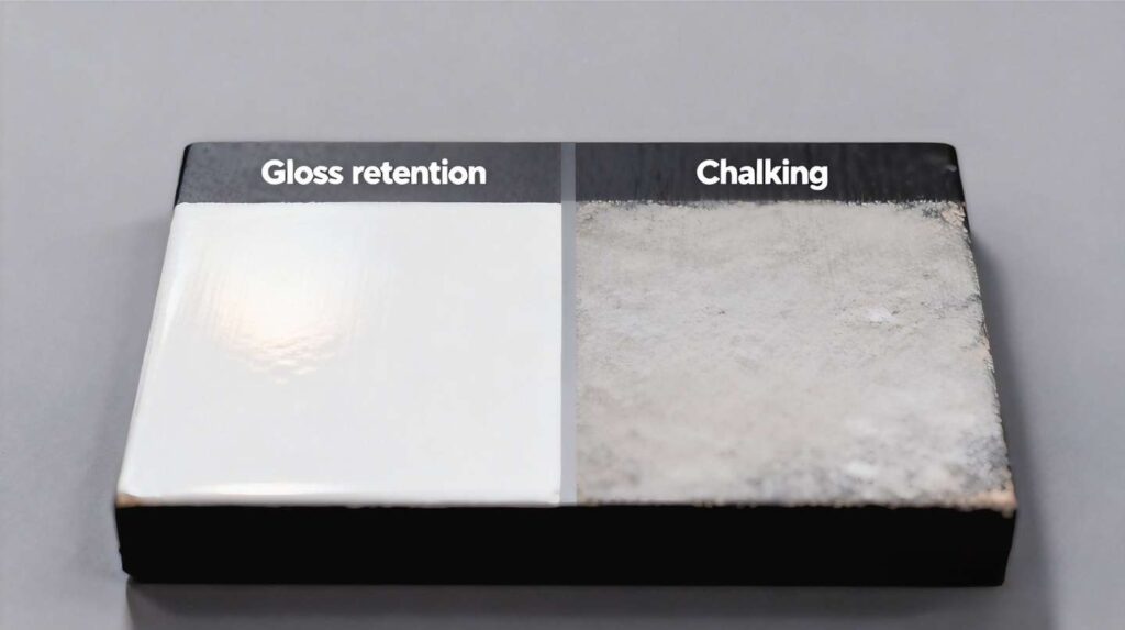 Polyurethane vs polysiloxane topcoat gloss retention and chalking on marine decks