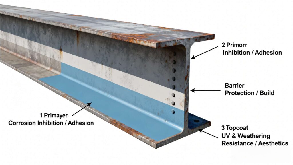 Steel structure coating system with primer, intermediate coat, and topcoat