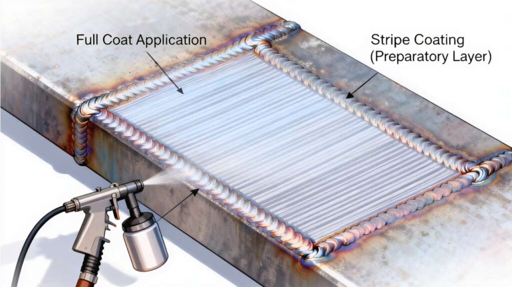 Stripe coating application on steel edges and welds