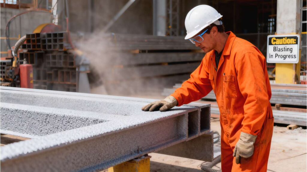 Sweep blasting primed steel before applying intumescent coating]