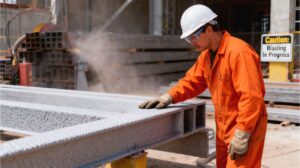 Sweep blasting primed steel before applying intumescent coating]