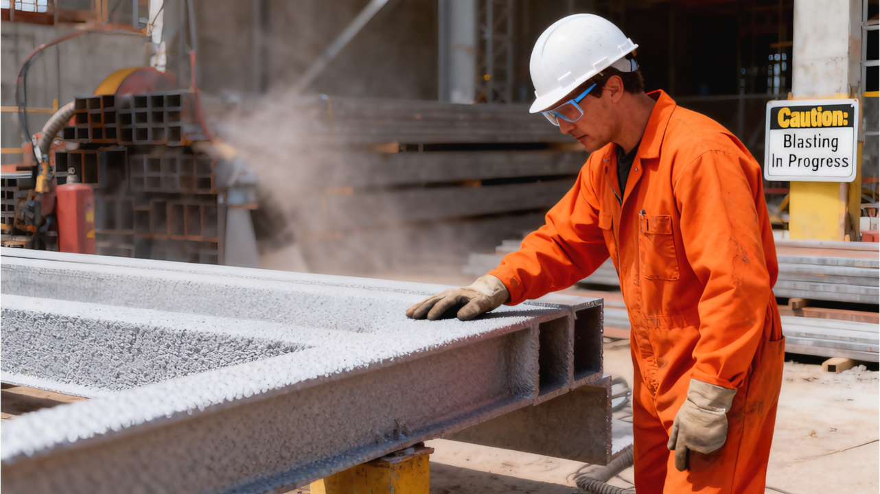 Sweep blasting primed steel before applying intumescent coating]