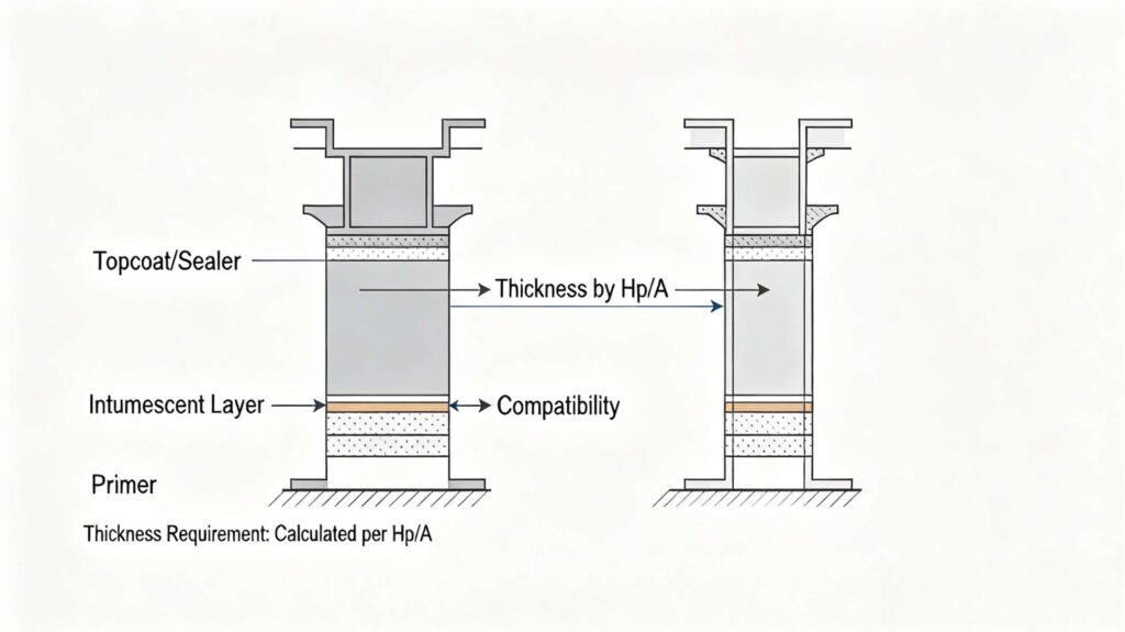 Fireproof coating system layers on steel including primer intumescent and topcoat