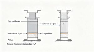 Fireproof coating system layers on steel including primer intumescent and topcoat