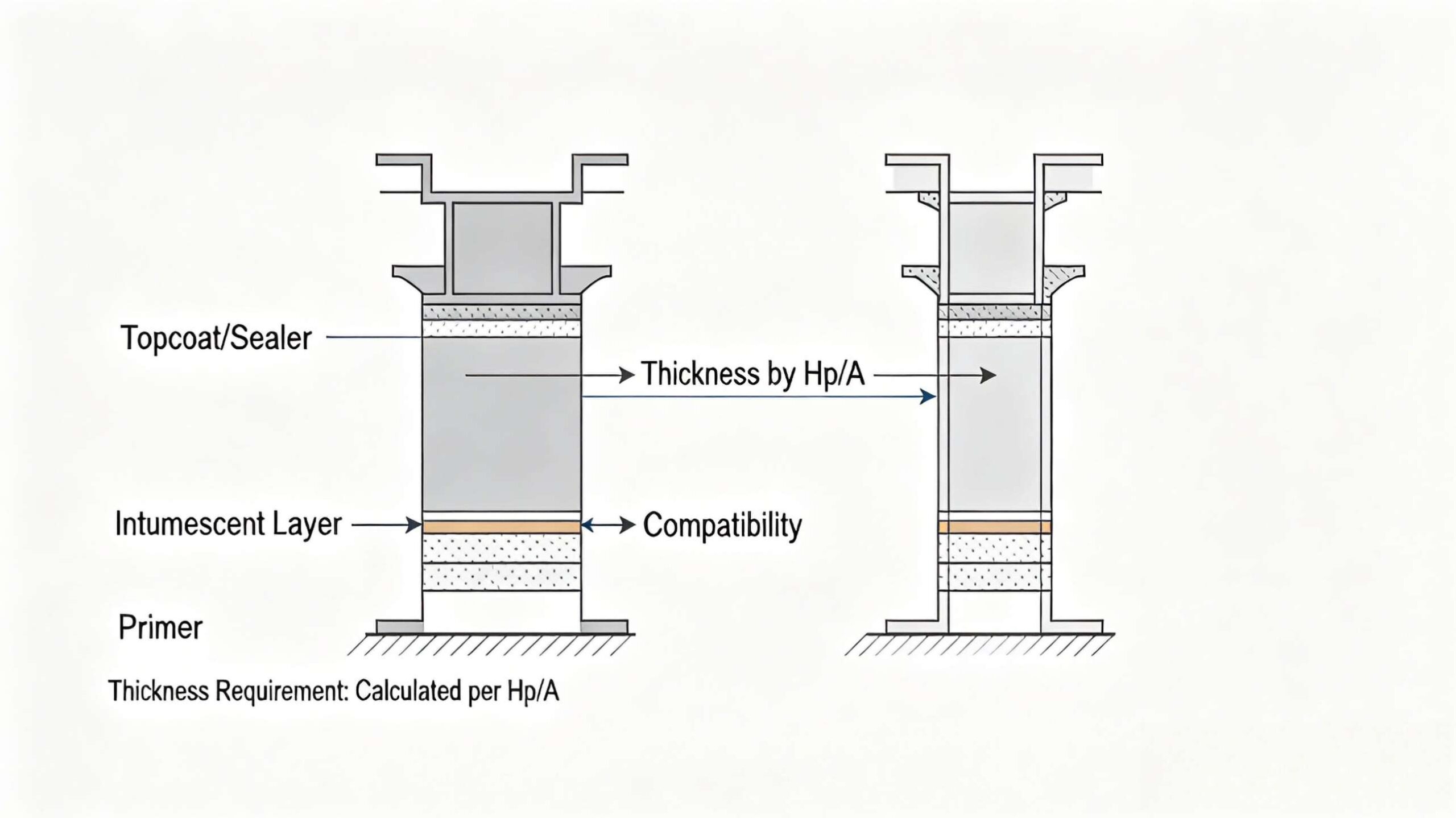Fireproof coating system layers on steel including primer intumescent and topcoat