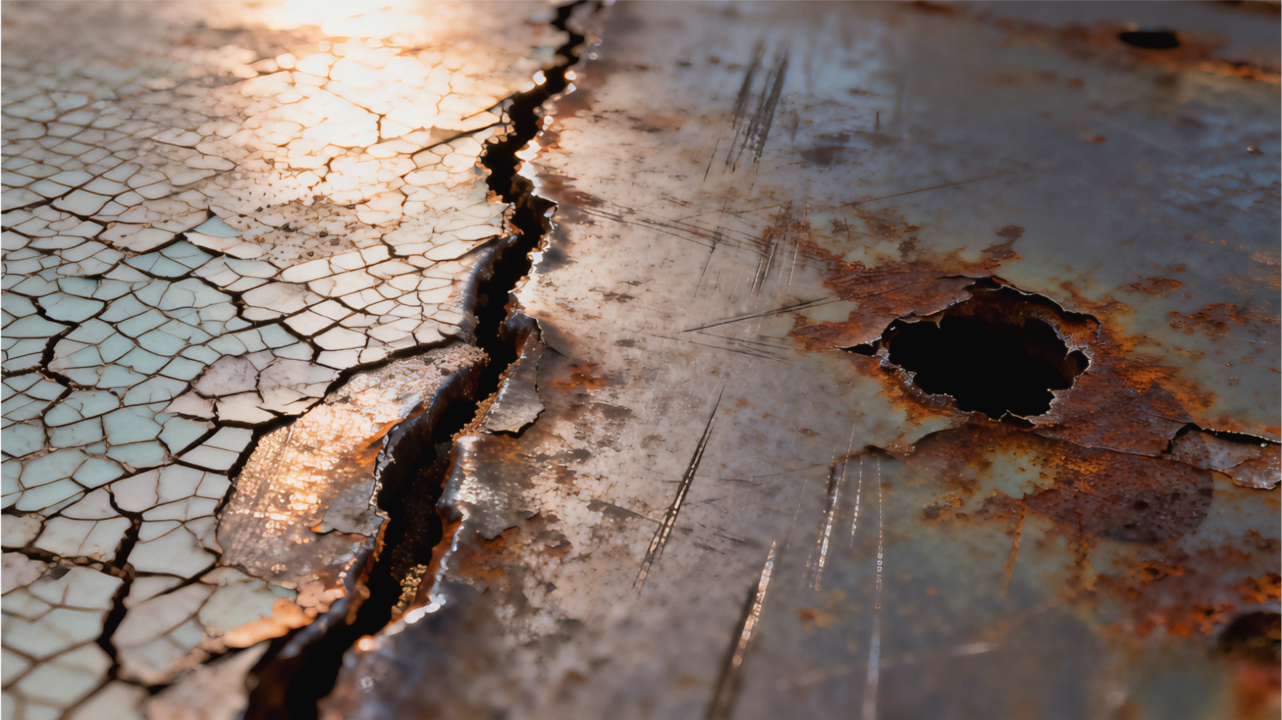 Common industrial coating failures on steel including peeling blistering cracking and rust bleed