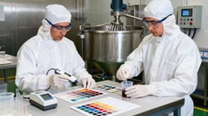 Industrial coatings manufacturing and quality control testing in a factory