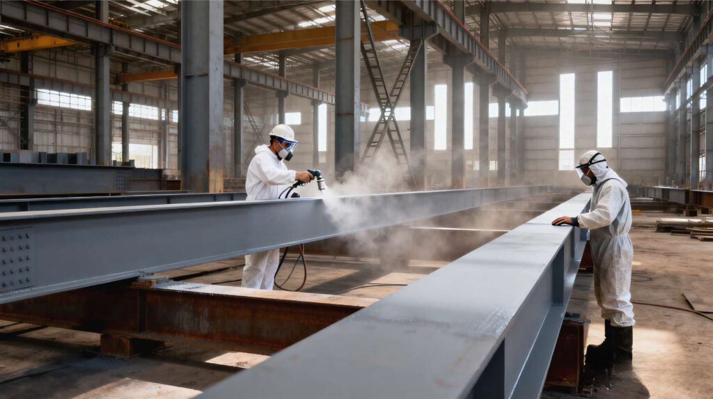 Industrial Coating Cost Breakdown: Materials, Labor, Surface Preparation and Lifecycle Value 2 Applicators blasting and spraying protective coating on steel pipe rack during a coastal petrochemical shutdown.