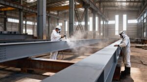 Intumescent fireproof coating application on structural steel at an industrial site