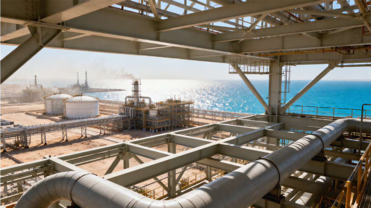 Coated steel structure at an industrial site in a hot coastal desert climate