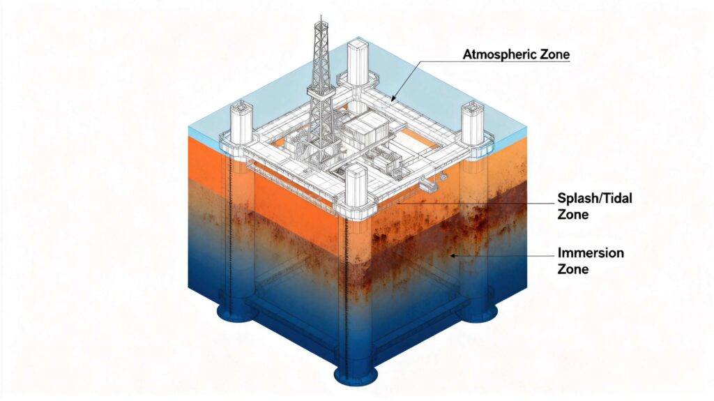Offshore structure corrosion zones: atmospheric splash tidal and immersion