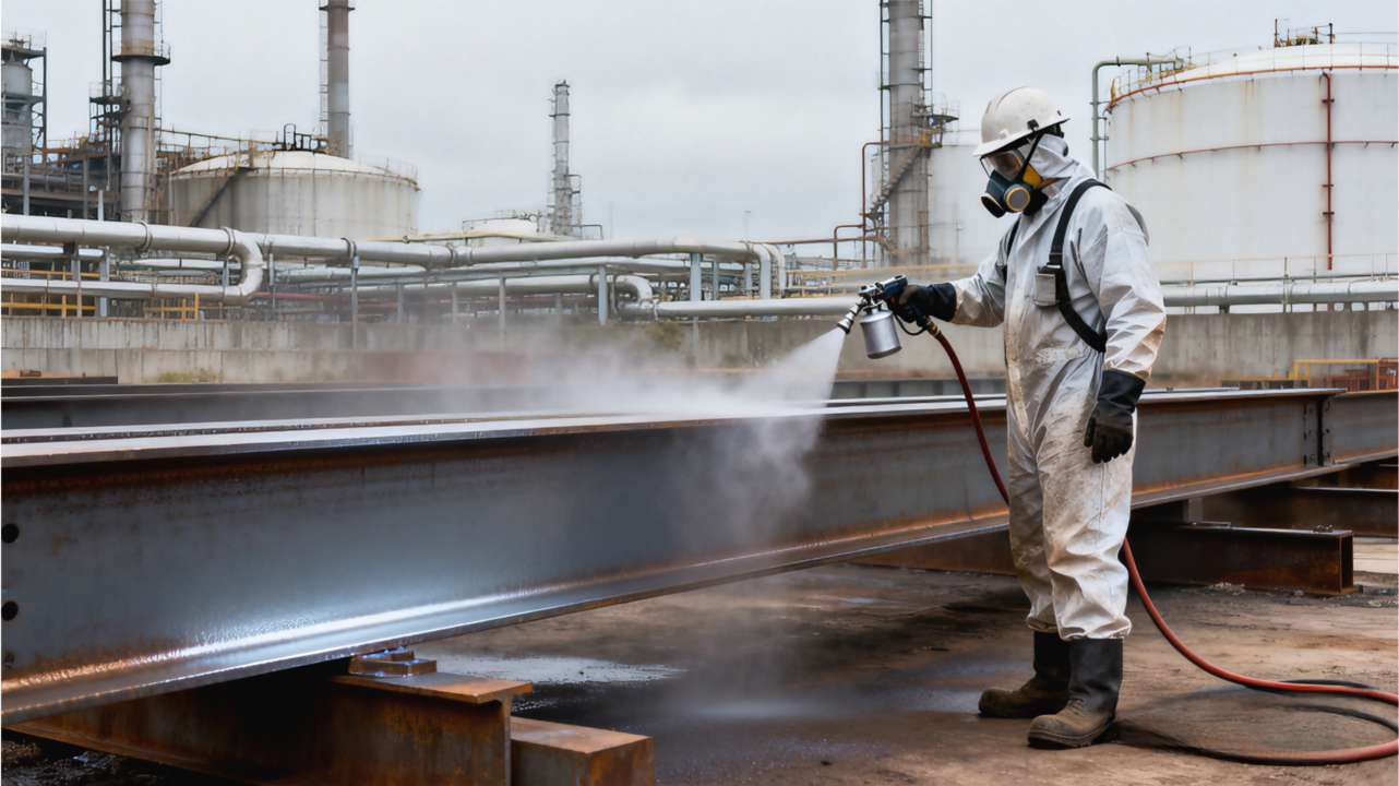 Applicators spray-applying high-build epoxy on offshore steel in a coastal yard with sea-spray exposure.