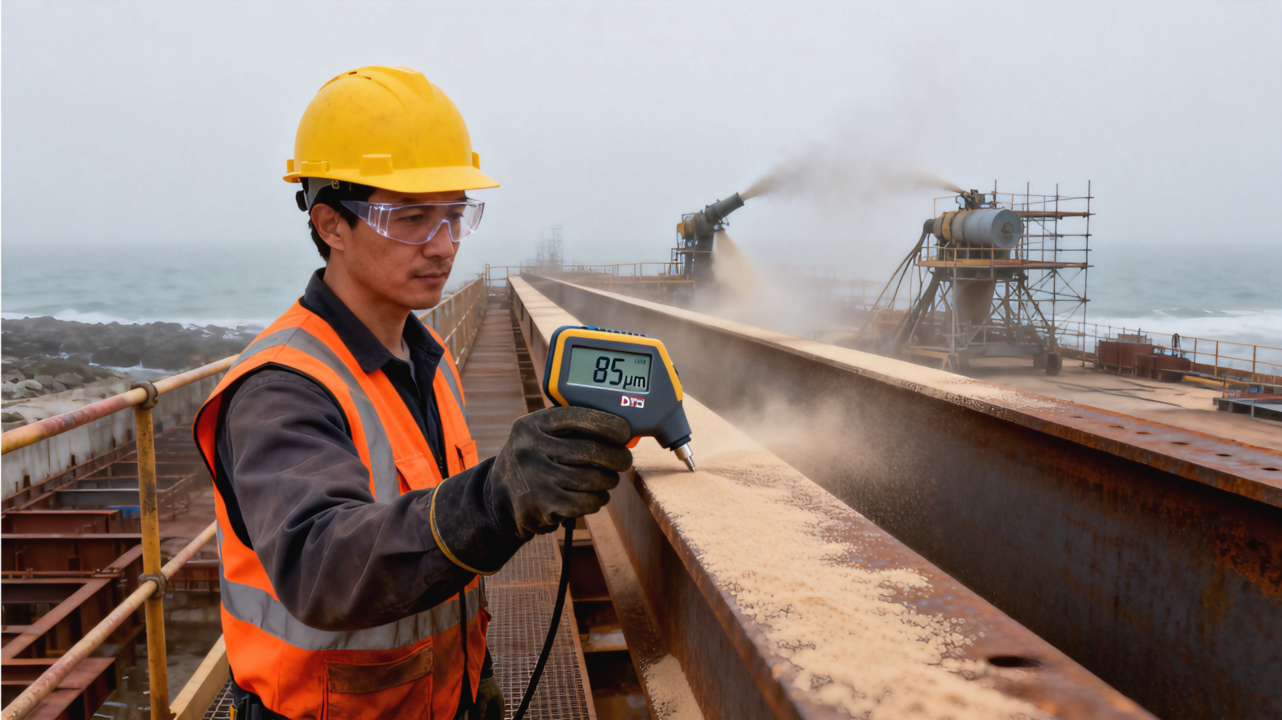 Inspector verifying blast-cleaned steel surface prep in a refinery pipe rack before protective coating application.