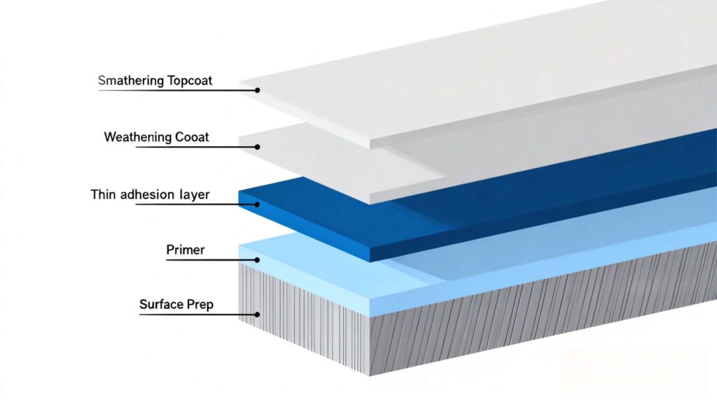 Anti-corrosion coating system layers for industrial steel structures