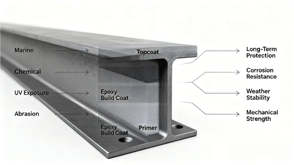 Steel structure anti-corrosion coating system with primer epoxy intermediate and topcoat