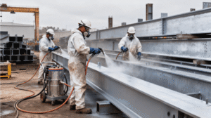 Workers applying zinc rich coating on structural steel in an industrial