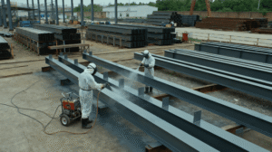 Bituminous-coated steel pipeline sections prepared for buried installation at a construction site