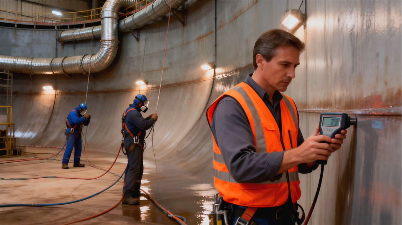 Chemical Tank Lining Application Inside A Steel Storage Tank With Ventilation And DFT Inspection At Weld Seams
