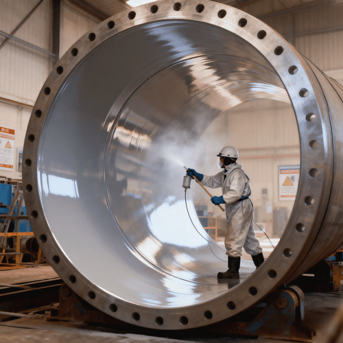 Close-up of smooth internal epoxy pipe coating applied to a large industrial pipe lining project to prevent fluid turbulence and chemical pitting.