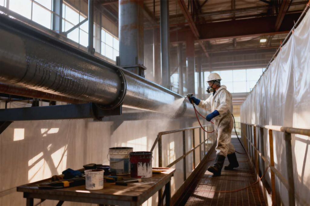 Steel Coating: Types, Materials and Industrial Protection Systems 3 Applicators spraying protective steel coating on structural beams in an industrial yard