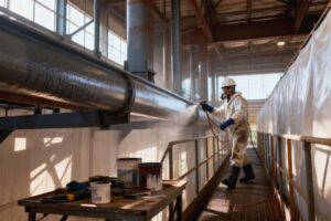 Home 17 Applicators spraying protective steel coating on structural beams in an industrial yard