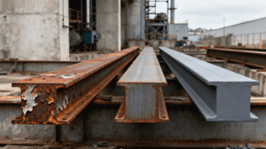 Home 15 Rusted and coated steel beams on an industrial site showing the effect of protective coatings