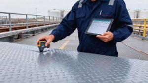 Home 15 Inspectors checking coated structural steel during industrial anti-corrosion paint work