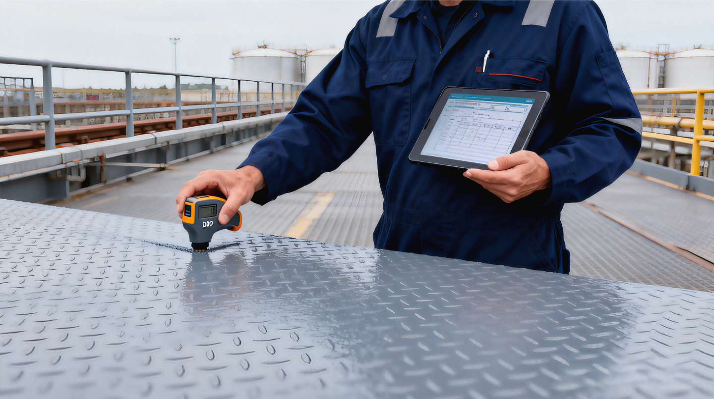 Inspectors checking coated structural steel during industrial anti-corrosion paint work