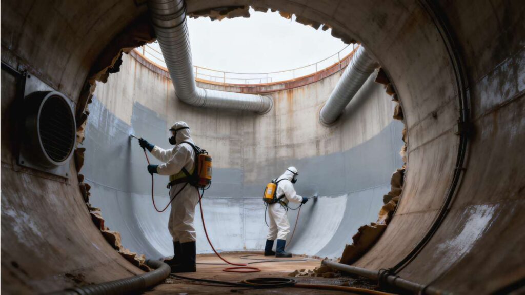 Inspector Checking Holiday Detection And DFT On Storage Tank During Internal Lining And External Coating Work