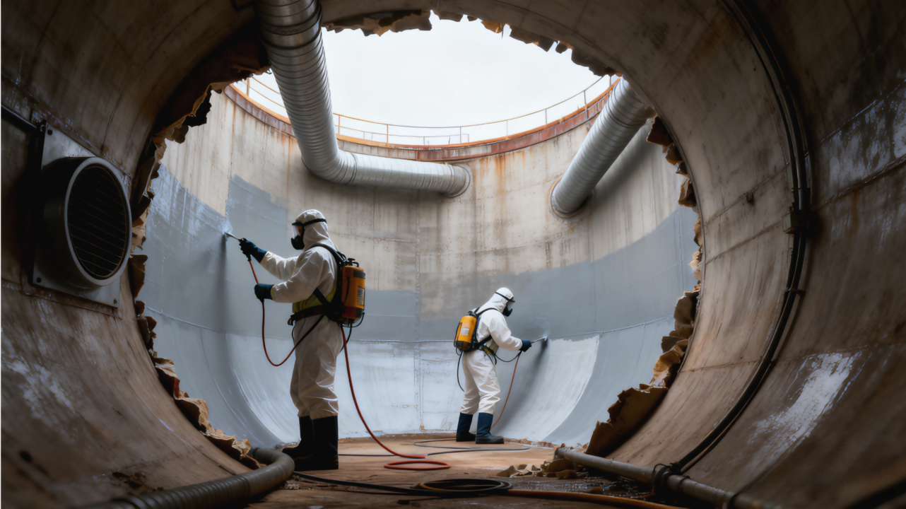 Inspector Checking Holiday Detection And DFT On Storage Tank During Internal Lining And External Coating Work