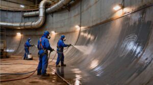 Home 13 Tank lining application inside a steel storage tank with ventilation and dry film thickness inspection at weld seams