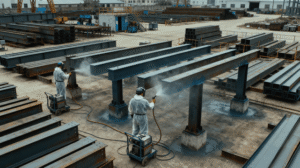 Inspectors checking galvanized and zinc-rich coated steel members in a fabrication yard