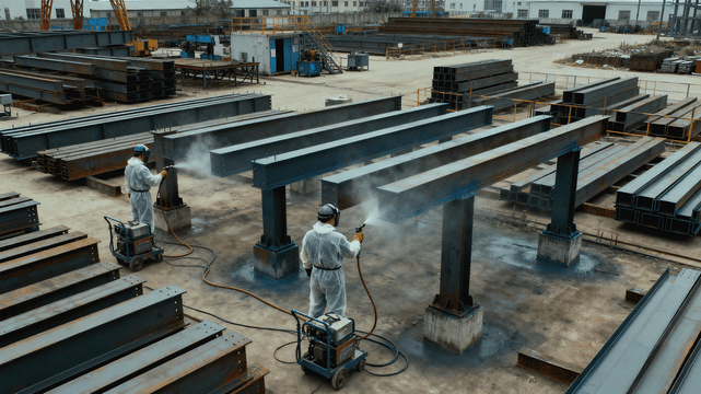 Inspectors checking galvanized and zinc-rich coated steel members in a fabrication yard