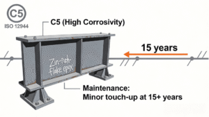 Сравнение срока службы антиокрозионного покрытия на стальных конструкциях — правильно указанная система C5 против недо-указанной системы, показывающей ранний износ на сварных швах.