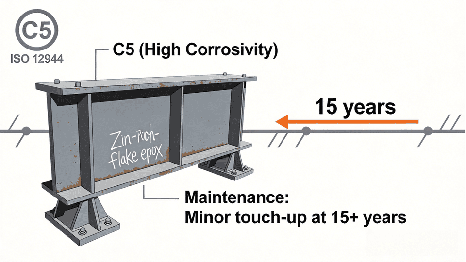 Comparaison de la durée de service des revêtements anticorrosion sur les structures en acier — système correctement spécifié C5 versus système sous-spécifié montrant une défaillance précoce au niveau des soudures.