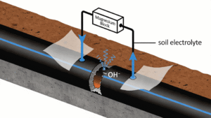 Home 49 Diagram of cathodic disbondment mechanism showing CP current, hydroxide generation, and coating adhesion failure around a pipeline coating holiday.