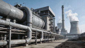 Coal-fired power plant showing boiler house, insulated pipework, cooling towers, and structural steel requiring multi-zone corrosion and high-temperature coating