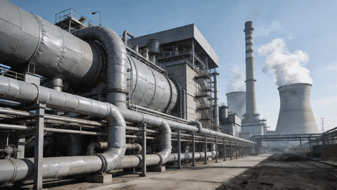 محطة توليد كهرباء تعمل بالفحم تعرض مبنى الغلاية، وأنابيب معزولة، وبرج تبريد، وفولاذ بنيوي يحتاج إلى عزل متعدد النطاق ومطلية بمقاومة التآكل ودرجات الحرارة العالية