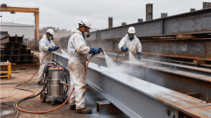 Airless spray application of glass flake epoxy intermediate coat on zinc-primed industrial steel in C5 aggressive environment.