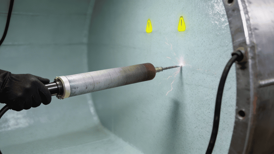 What Is Holiday Testing in Coatings — and When Is It Required? 1 Coating inspector using high-voltage spark tester for holiday detection on glass flake epoxy tank lining in industrial fabrication shop.