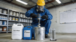 Applicator mechanically mixing two-component epoxy coating with drill paddle in industrial workshop with Part A and Part B containers and measuring vessel.