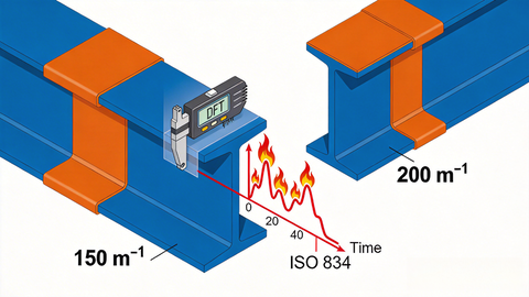 How to Calculate Intumescent Coating Thickness for Structural Steel 3 Intumescent coating thickness calculation diagram for structural steel showing section factor, fire curve, and DFT.