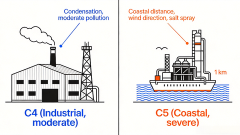 Параллельное сравнение классификационных сред коррозионной агрессивности ISO 12944 C4 и C5 с соответствующими различиями в системах покрытия для конструкционной стали.