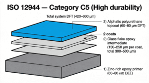 Diagram of ISO 12944 C5 High durability coating system showing primer, glass flake epoxy intermediate, and polyurethane topcoat with DFT annotations.