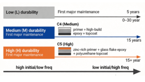 ISO 12944 durability classes L, M, and H timeline comparison showing time to first major maintenance and coating system differences for C4 and C5 environments.