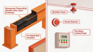 Passive fire protection vs active fire protection diagram for industrial steel structures showing intumescent coating, sprinklers, and fire detection systems.