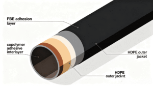Pipeline coating systems cross-section diagram showing FBE, 3LPE external coating layers and epoxy internal lining for buried pipeline corrosion protection.